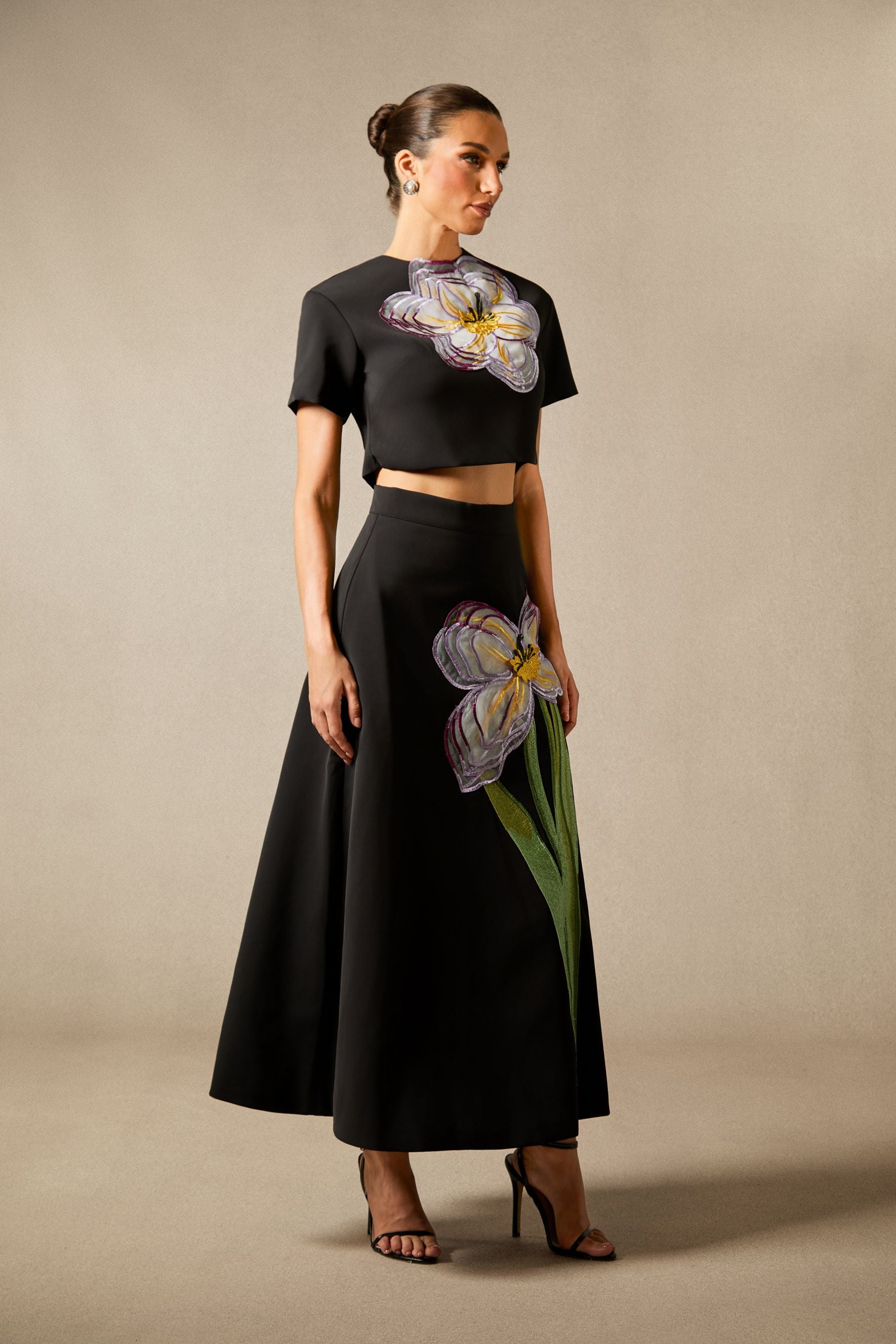Elizaveta Floral Applique Short Sleeve Top & Skirt Set