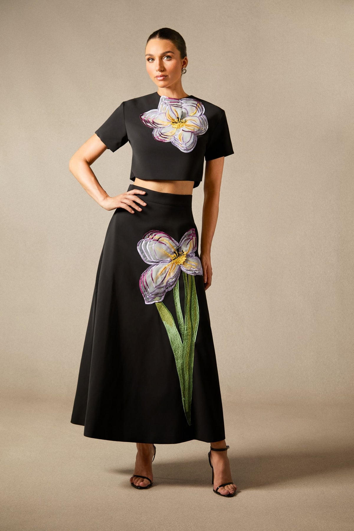 Elizaveta Floral Applique Short Sleeve Top & Skirt Set