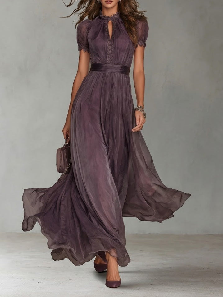 Flavia - Long Purple Dress with a Keyhole Neckline and Chiffon Lace Trim