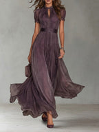 Flavia - Long Purple Dress with a Keyhole Neckline and Chiffon Lace Trim