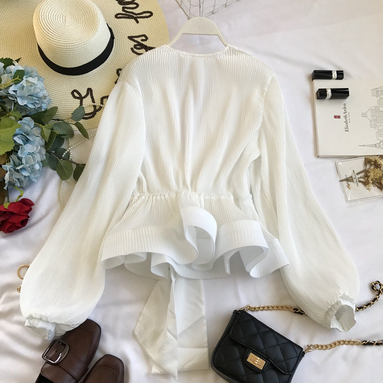 V-neck Pleated Tie Bow Ruffled Chiffon Shirt