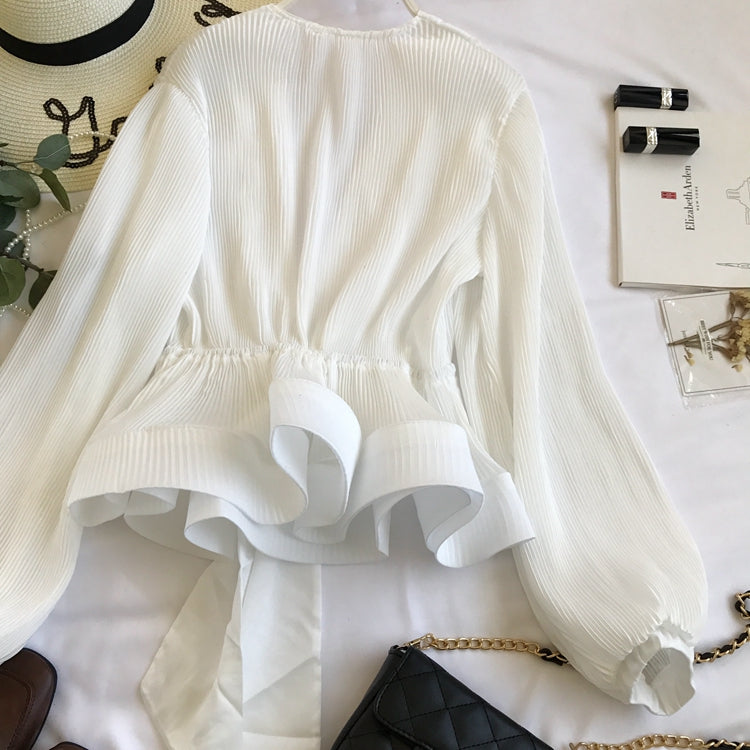 V-neck Pleated Tie Bow Ruffled Chiffon Shirt