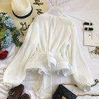 V-neck Pleated Tie Bow Ruffled Chiffon Shirt