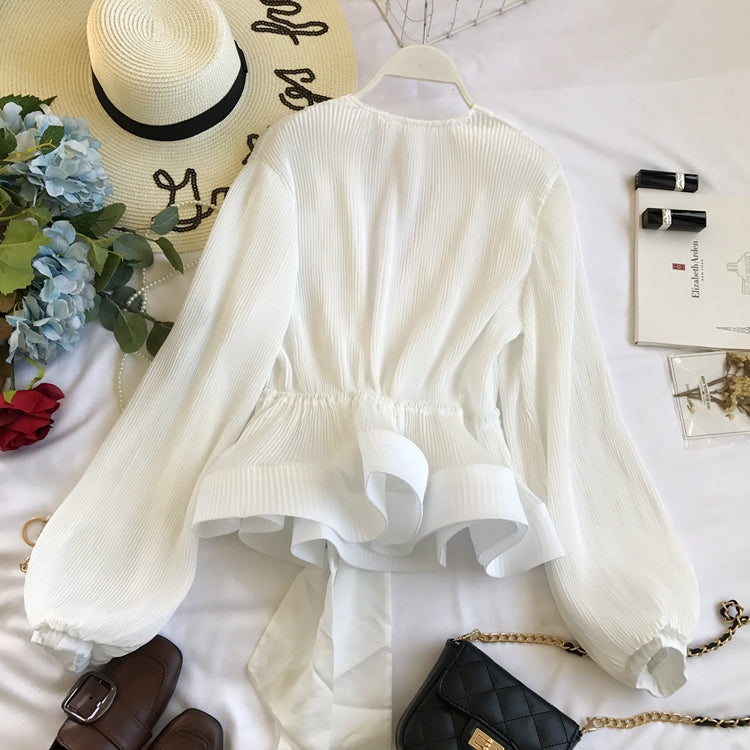 V-neck Pleated Tie Bow Ruffled Chiffon Shirt