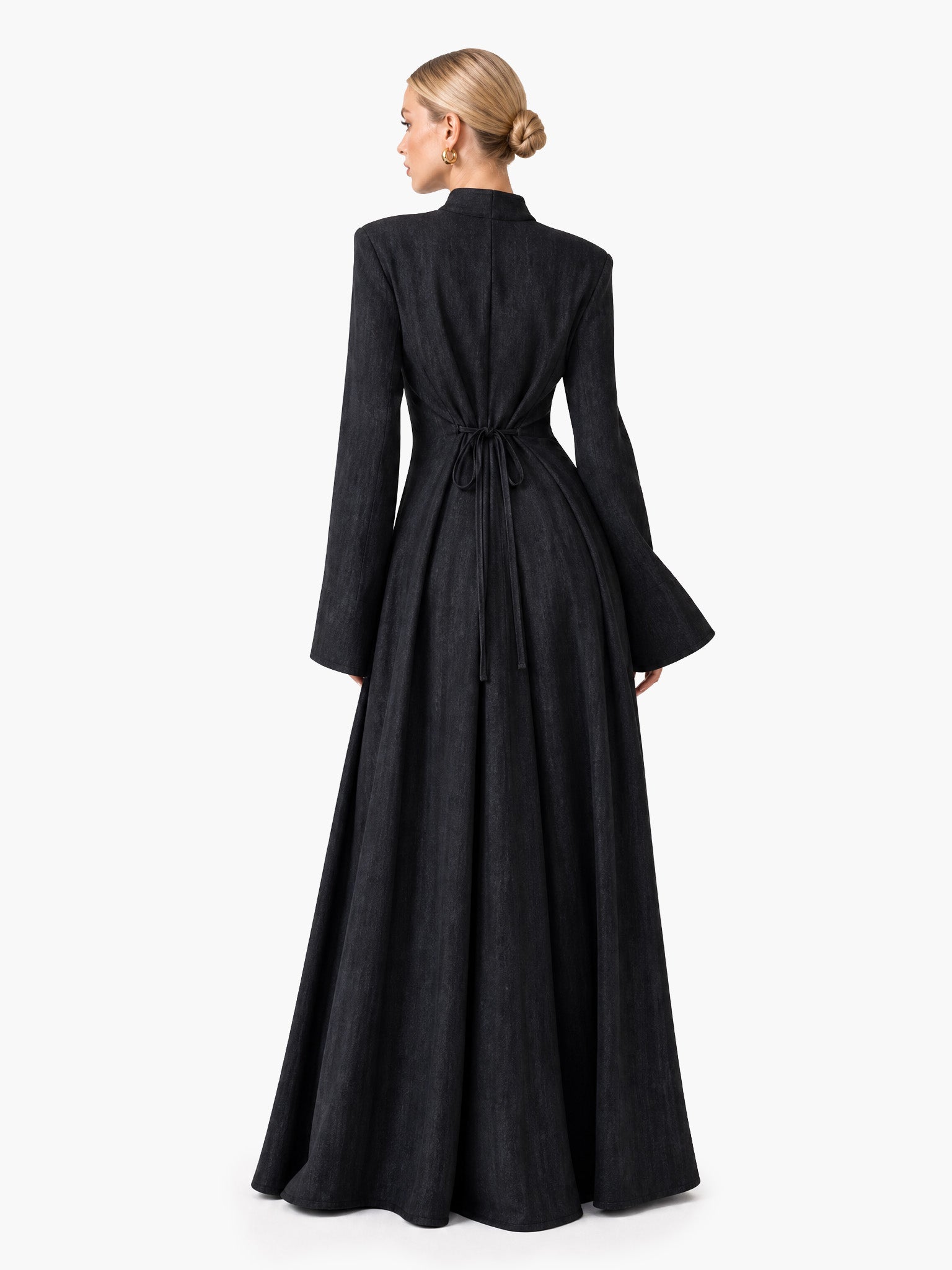 Architectural High-Neck Long Sleeve Maxi Dress With Puffed Shoulders & Flared Cuffs