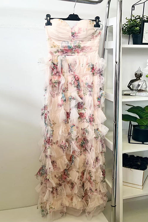 Strapless Floral Print Ruffle Layered Maxi Dress