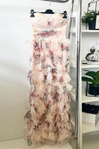 Strapless Floral Print Ruffle Layered Maxi Dress
