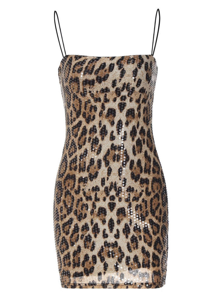 Lisle Spaghetti Leopard Sequin Mini Dress In Brown