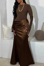 Mock Neck Long Sleeve Draped Waist Floor‑Length Maxi Dress