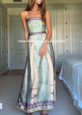 Women's Vintage Boho Strapless Maxi Dress - Sage Green & Purple Border Print Satin Summer Beach Dress