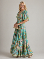 Puff-Sleeve V-Neck Maxi Dress