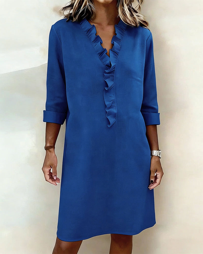 Ruffled V-Neck Solid Dress