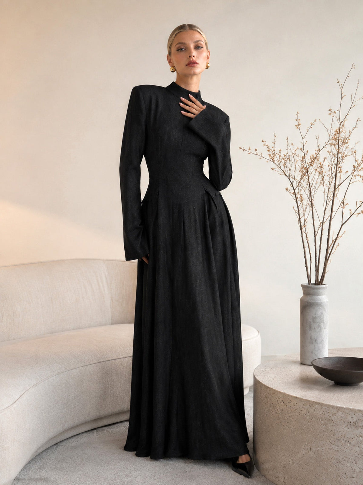 Architectural High-Neck Long Sleeve Maxi Dress With Puffed Shoulders & Flared Cuffs