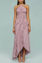 Margovil Strappy Halter Neck Ruffle Trim Asymmetric Hem Pleated Maxi Dress