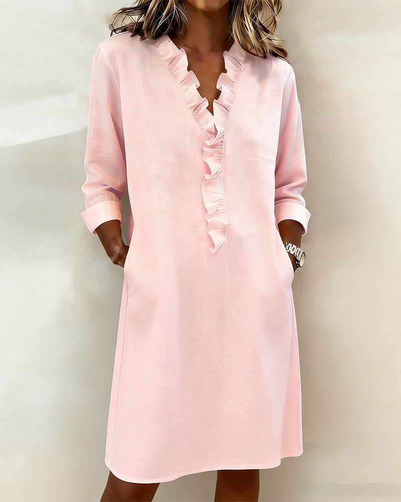 Ruffled V-Neck Solid Dress
