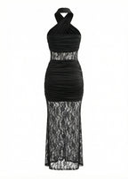 Batul Halter Lace Insert Ruched Maxi Dress