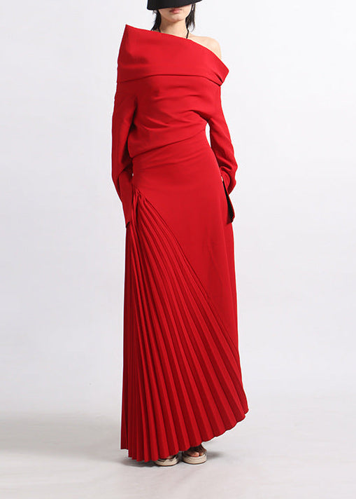 Zephyrine Red Pleated Maxi Dress with High Slit