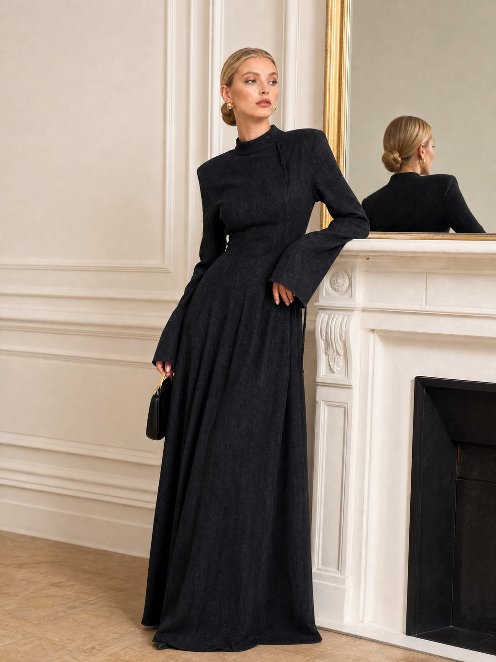 Architectural High-Neck Long Sleeve Maxi Dress With Puffed Shoulders & Flared Cuffs