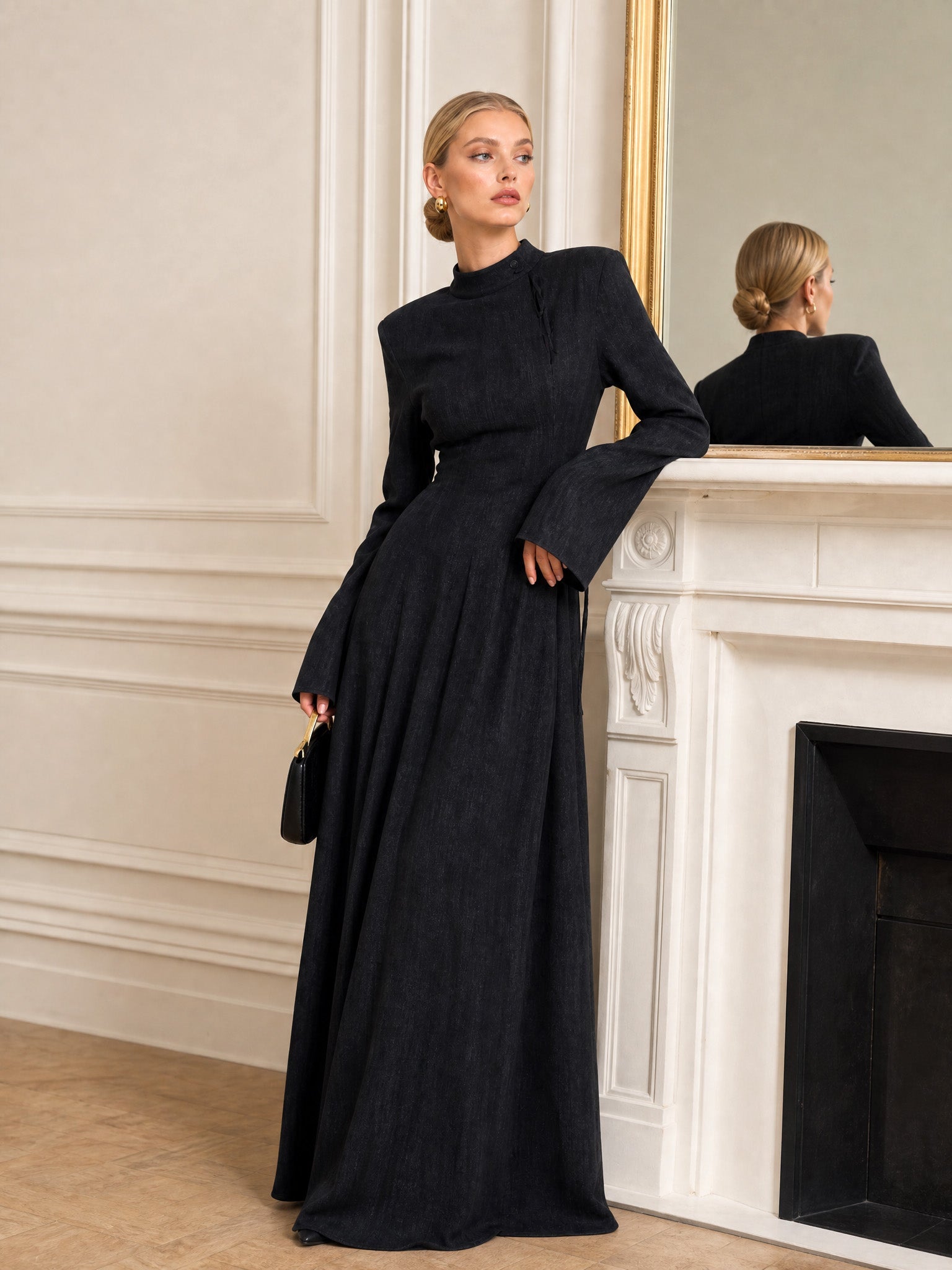 Architectural High-Neck Long Sleeve Maxi Dress With Puffed Shoulders & Flared Cuffs
