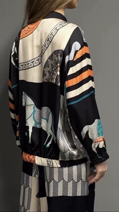 Horse Print Zip Up Long Sleeve Top & Wide Leg Pants Set Women Casual Loose Streetwear Two Piece Outfit