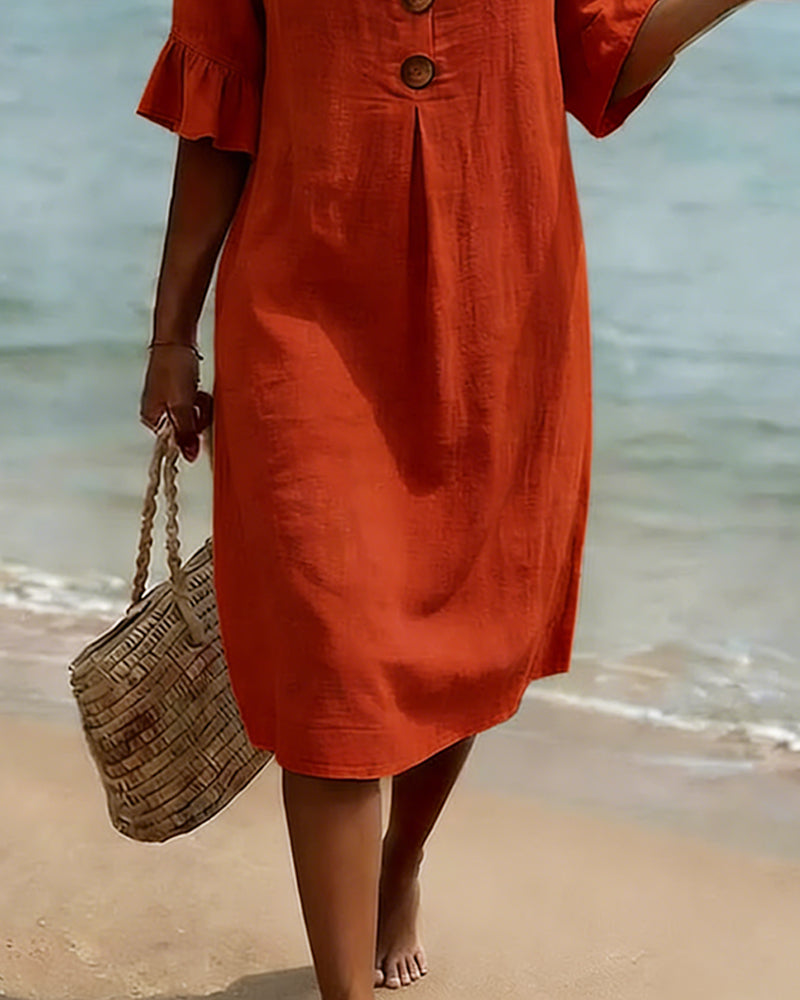 Button Dress with Ruffled Sleeves 100% Cotton