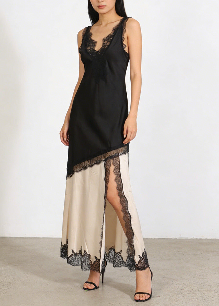 Ermenburg Spaghetti Lace Split Maxi Dress In Black