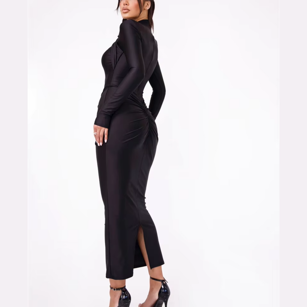 Agnola - Black Cutout Ruched Maxi Bodycon Dress