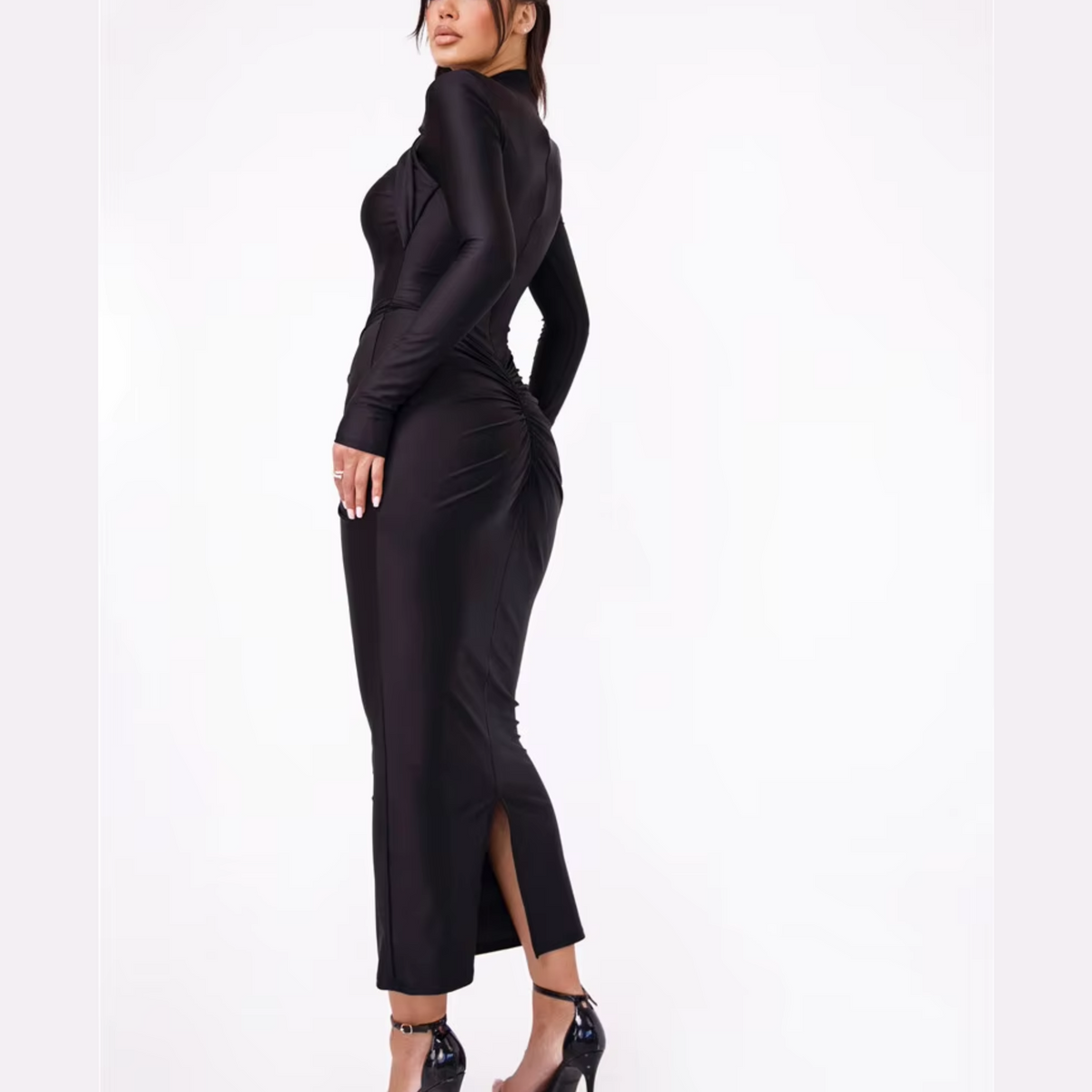 Agnola - Black Cutout Ruched Maxi Bodycon Dress