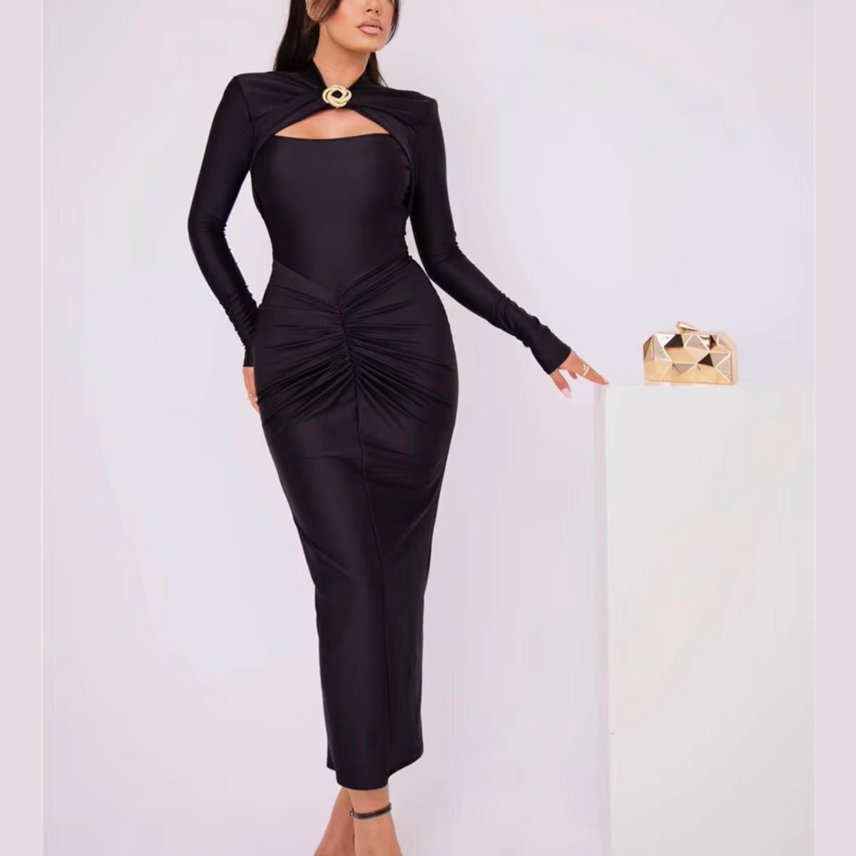 Agnola - Black Cutout Ruched Maxi Bodycon Dress
