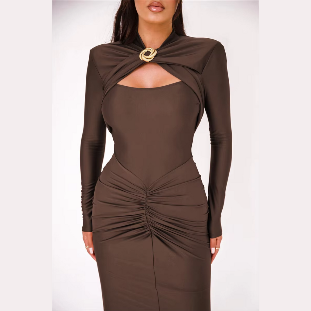 Agnola - Brown Cutout Ruched Maxi Bodycon Dress