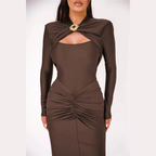 Agnola - Brown Cutout Ruched Maxi Bodycon Dress