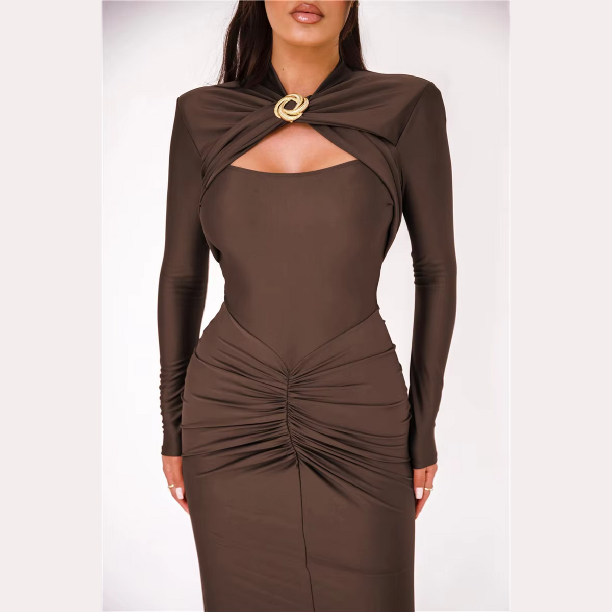 Agnola - Brown Cutout Ruched Maxi Bodycon Dress