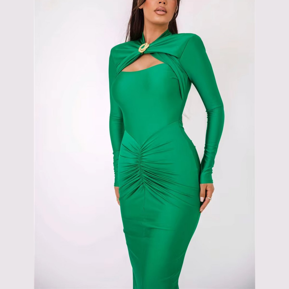 Agnola - Green Cutout Ruched Maxi Bodycon Dress