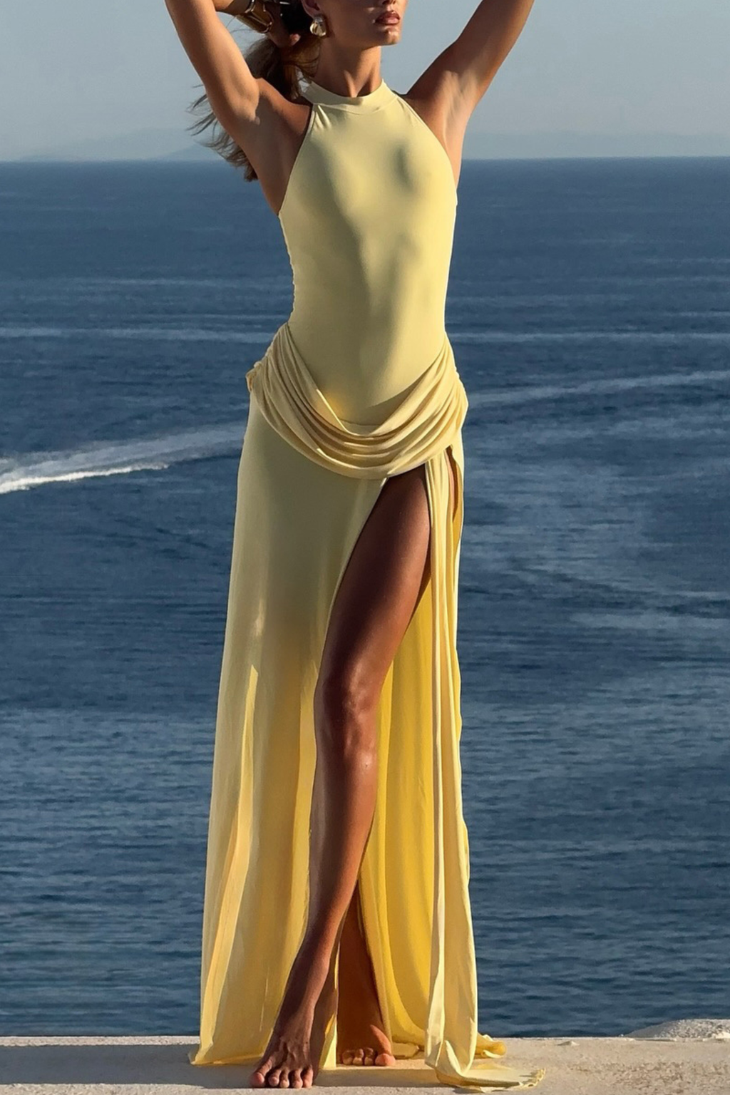 Gwydion Draped Sleeveless Split Maxi Dress In Yellow