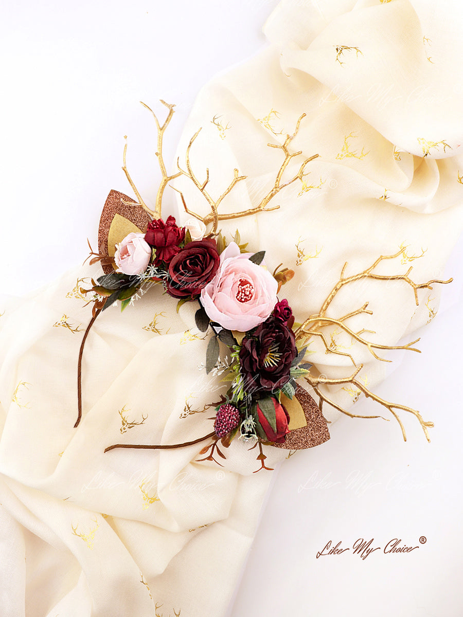 Burgundy Flower Christmas Reindeer Headband | HeyKat®