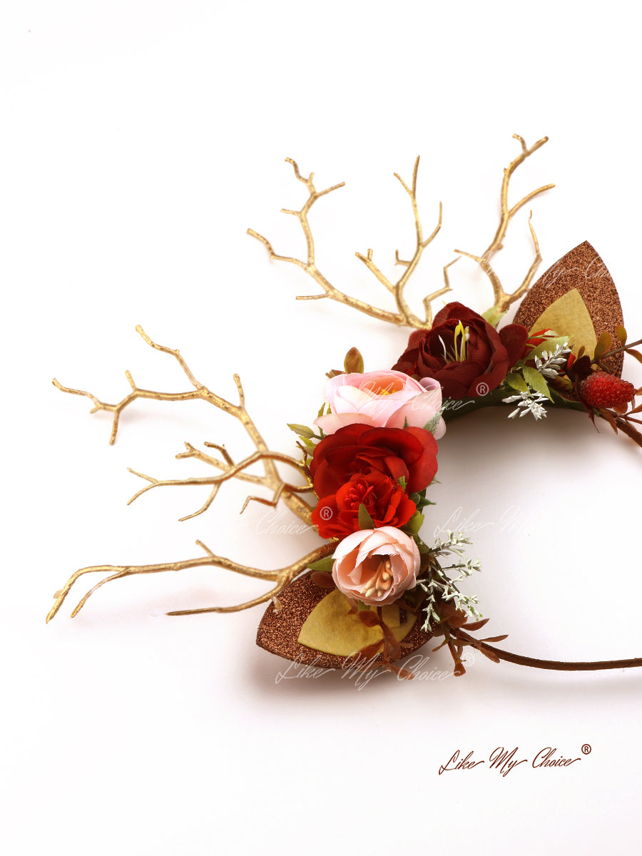 Burgundy Flower Christmas Reindeer Headband | HeyKat®