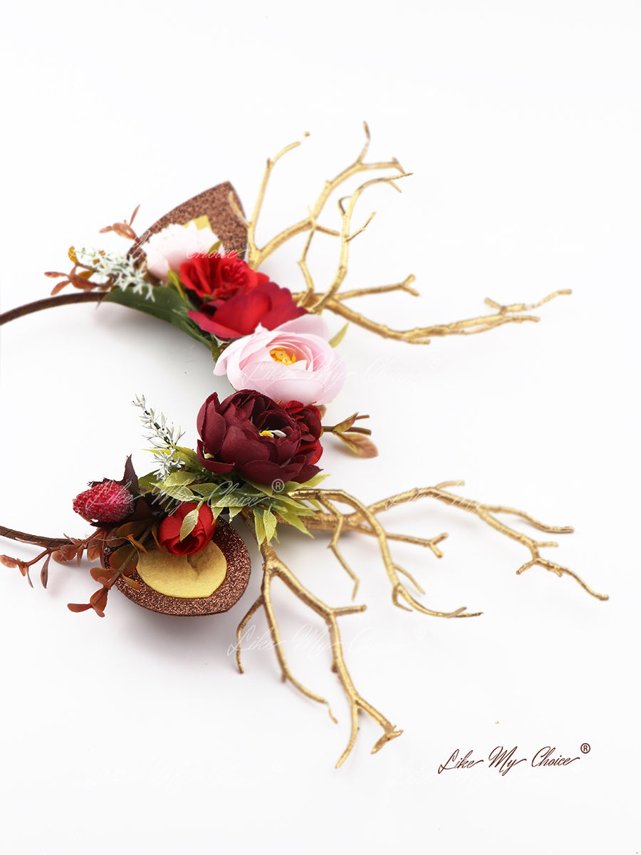 Burgundy Flower Christmas Reindeer Headband | HeyKat®