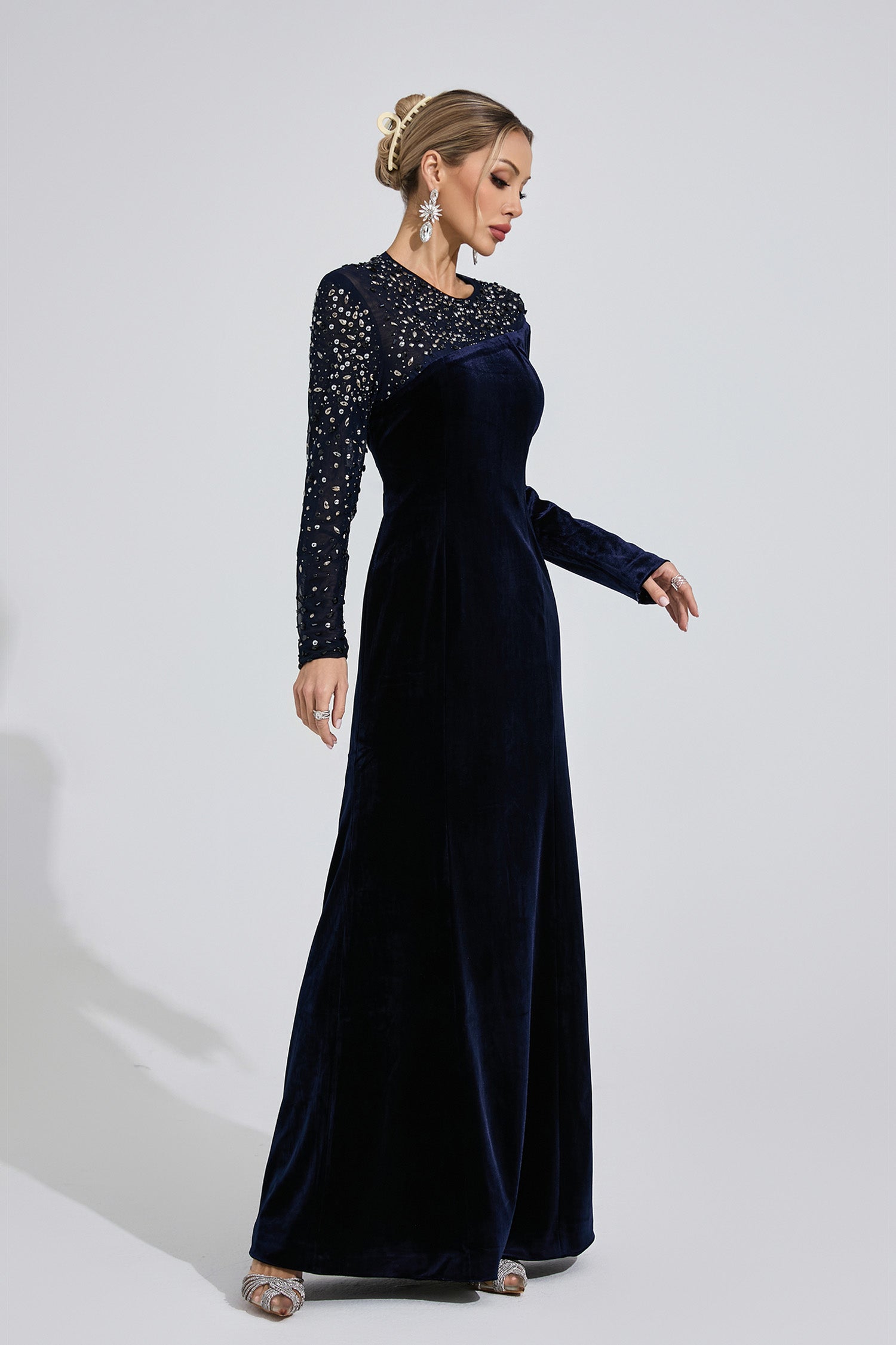 Evarix Velvet Mesh Diamond Maxi Dress