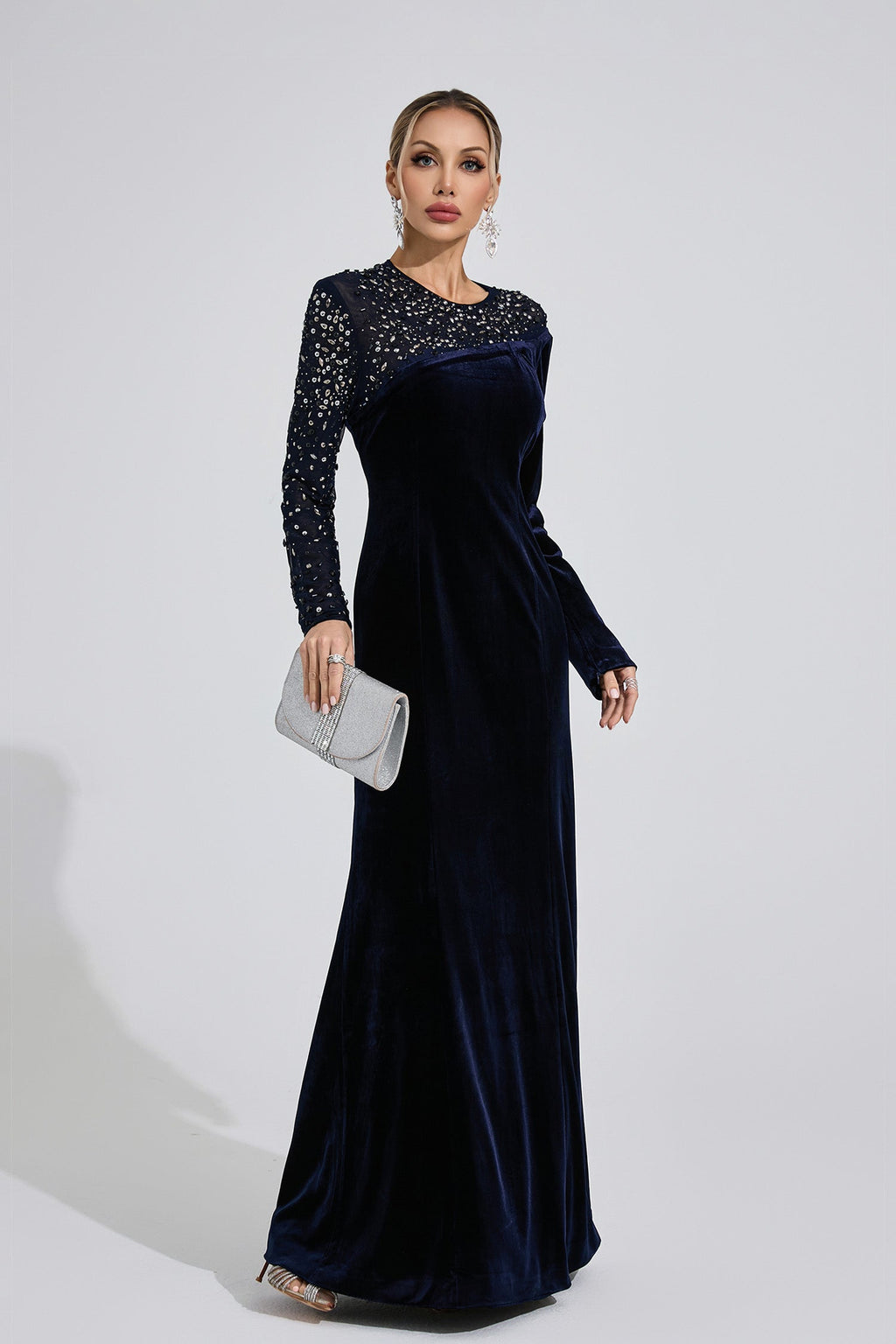Evarix Velvet Mesh Diamond Maxi Dress