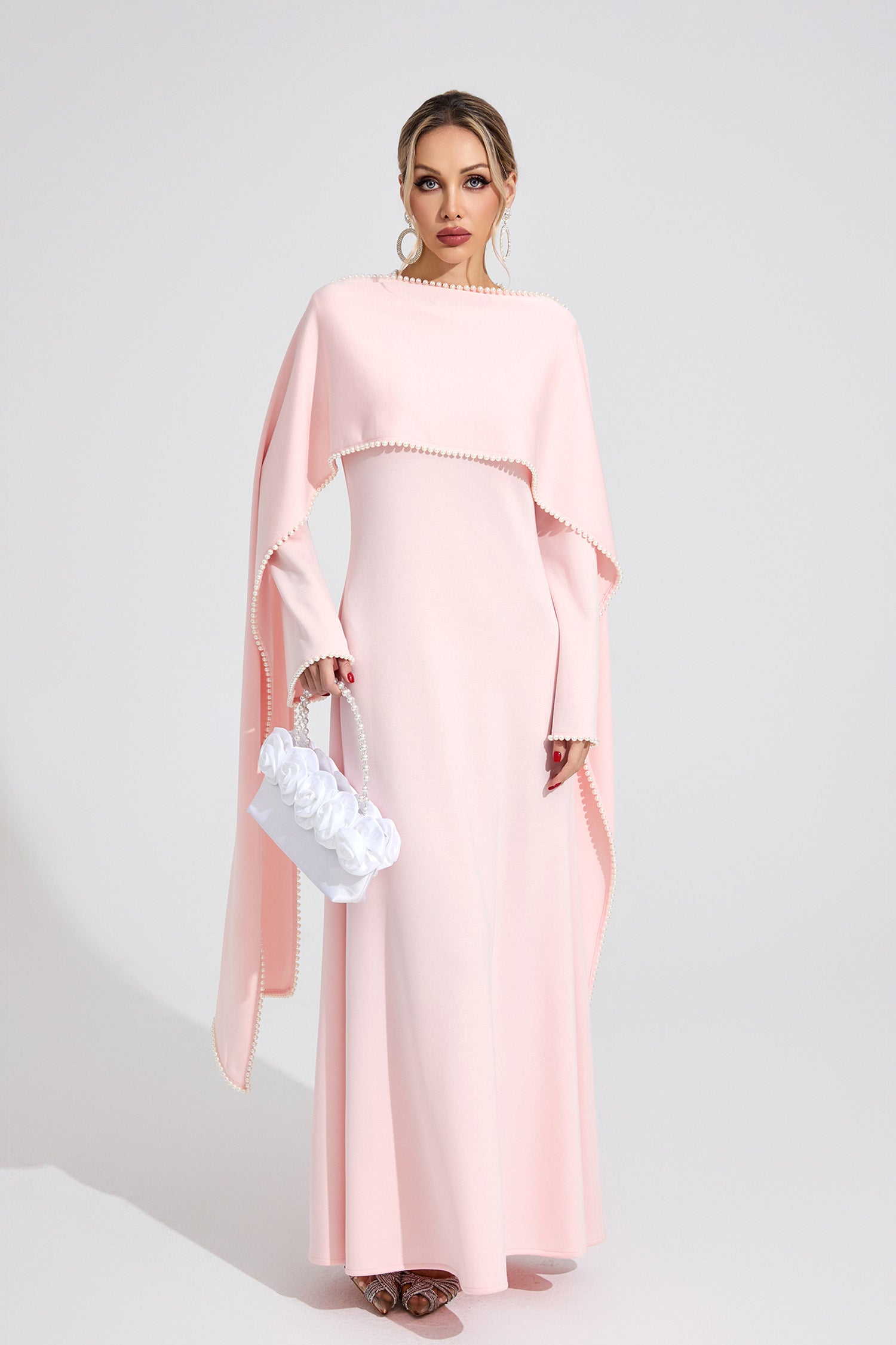 Emilie Pink Pearl Trim Shawl Detail Maxi Dress