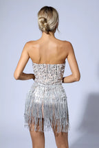 Saffron Silver Pearl Sequin Tassel Mini Dress