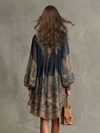 Elegant Vintage Print High Neck Flowy Mini Dress