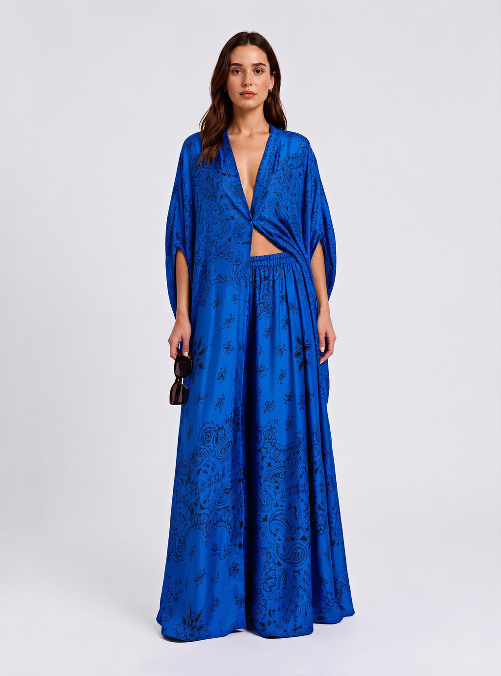 Paisley Print Two-Piece Set / Batwing Deep-V Kaftan Top With Wide-Leg Pants Set / Resort Wear Beach Set