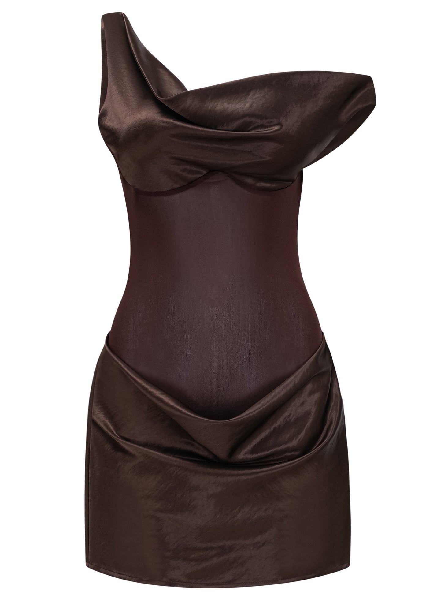 Mireille Brown One Shoulder Satin Mini Dress