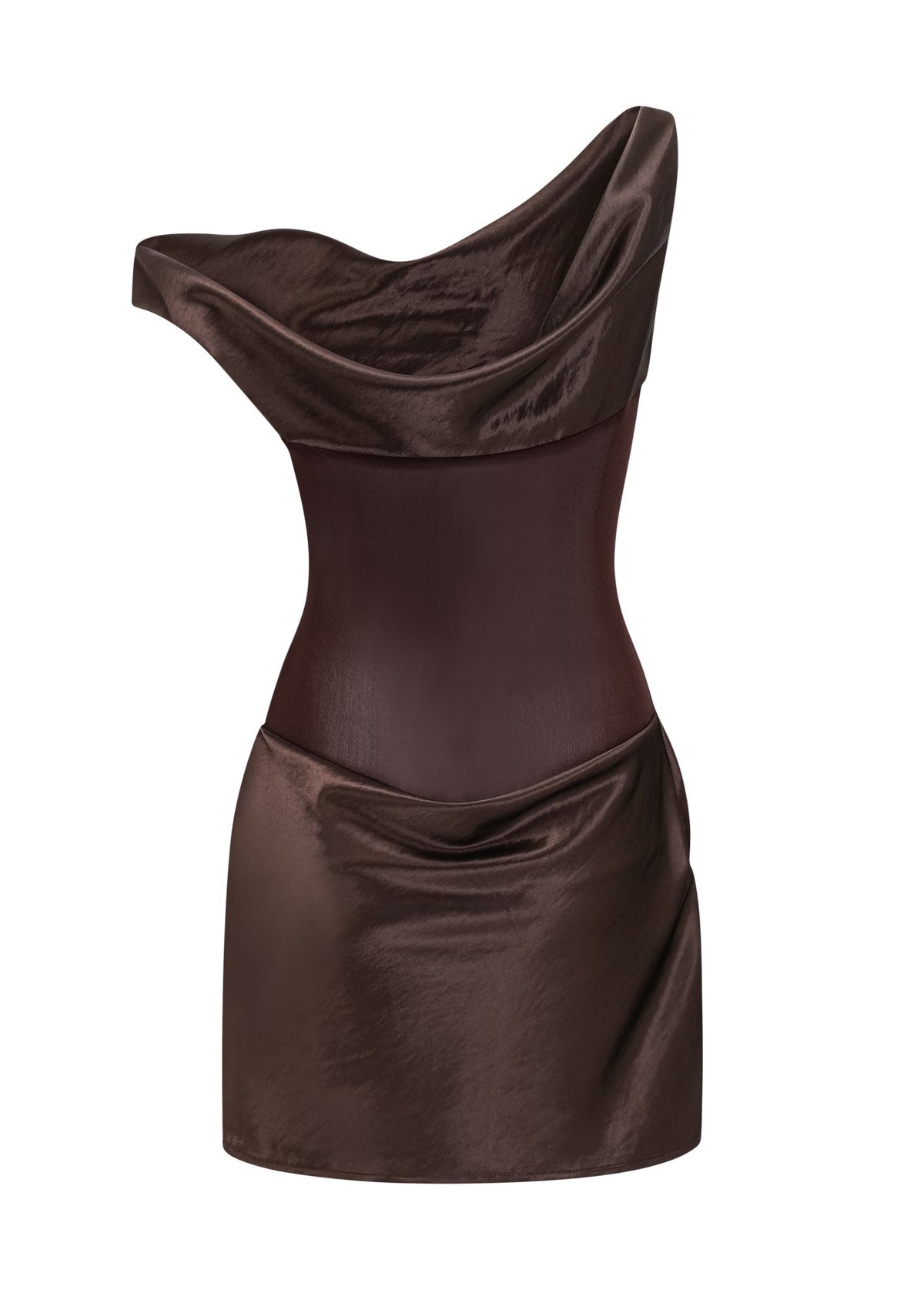 Mireille Brown One Shoulder Satin Mini Dress
