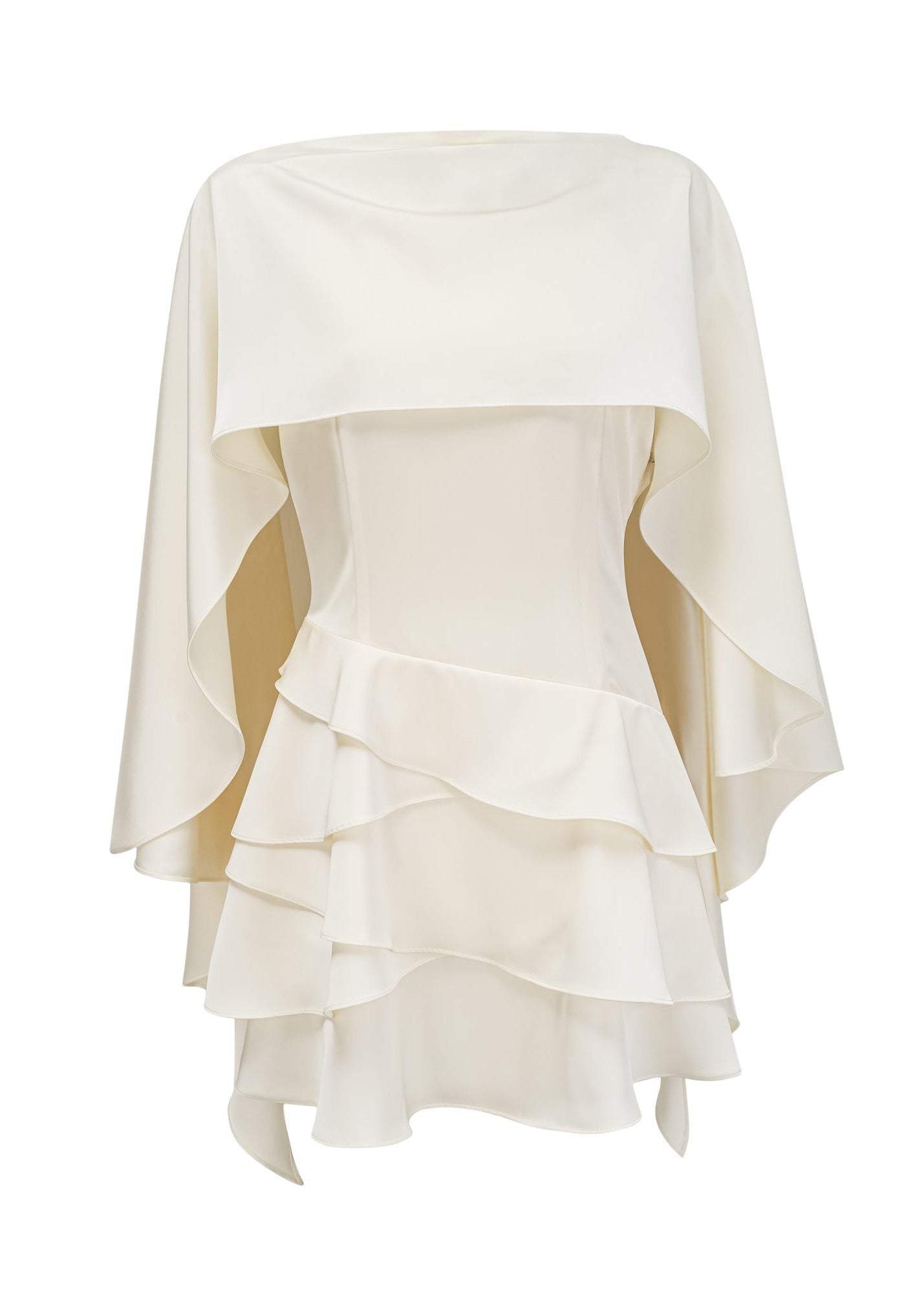 Therese White Satin Ruffled Mini Dress with Shawl Panel Detail