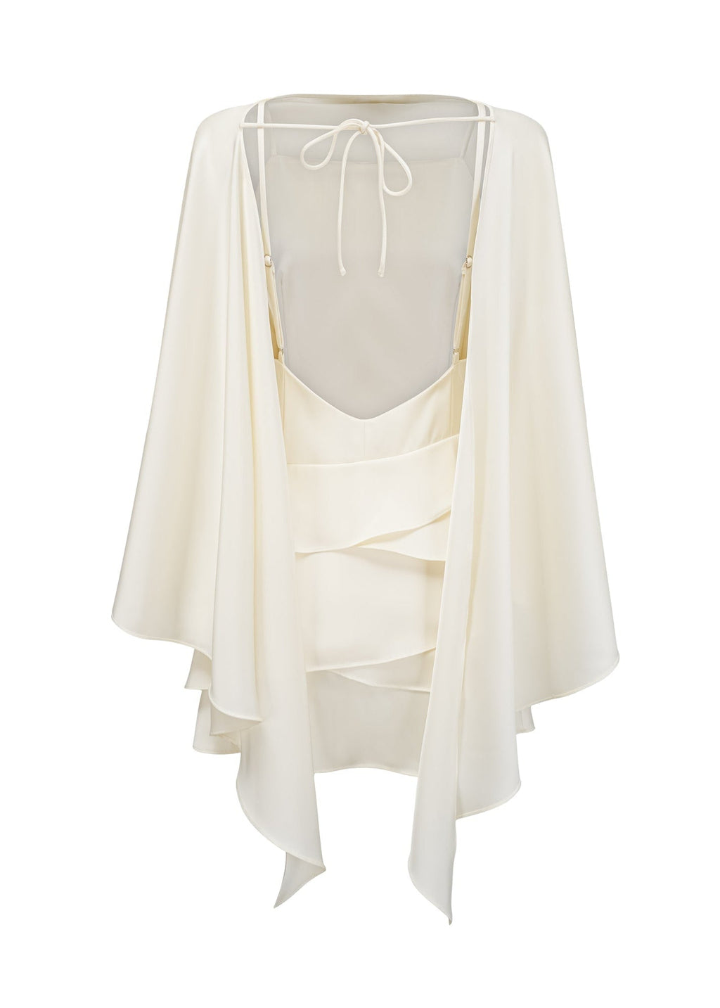 Therese White Satin Ruffled Mini Dress with Shawl Panel Detail