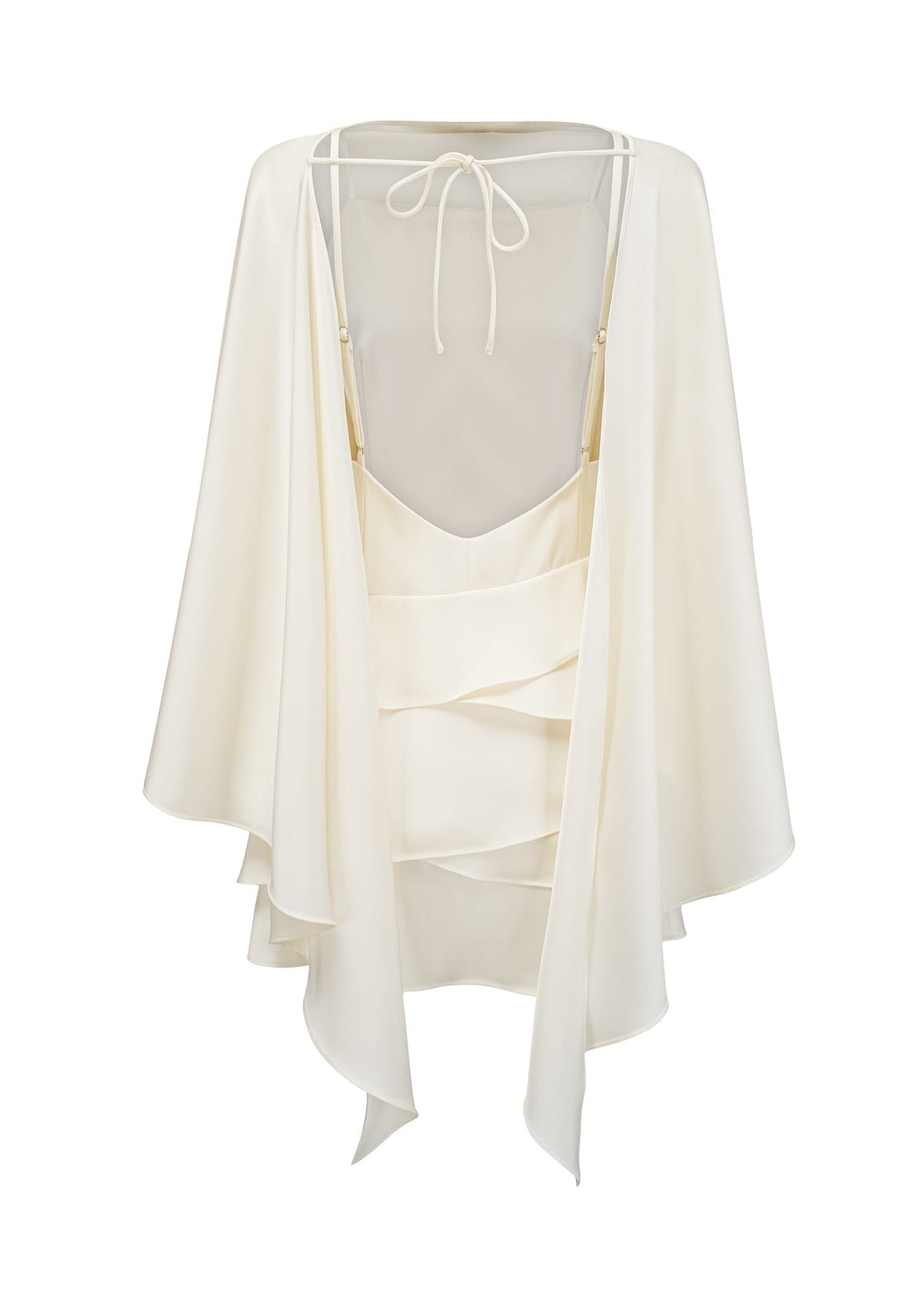 Therese White Satin Ruffled Mini Dress with Shawl Panel Detail