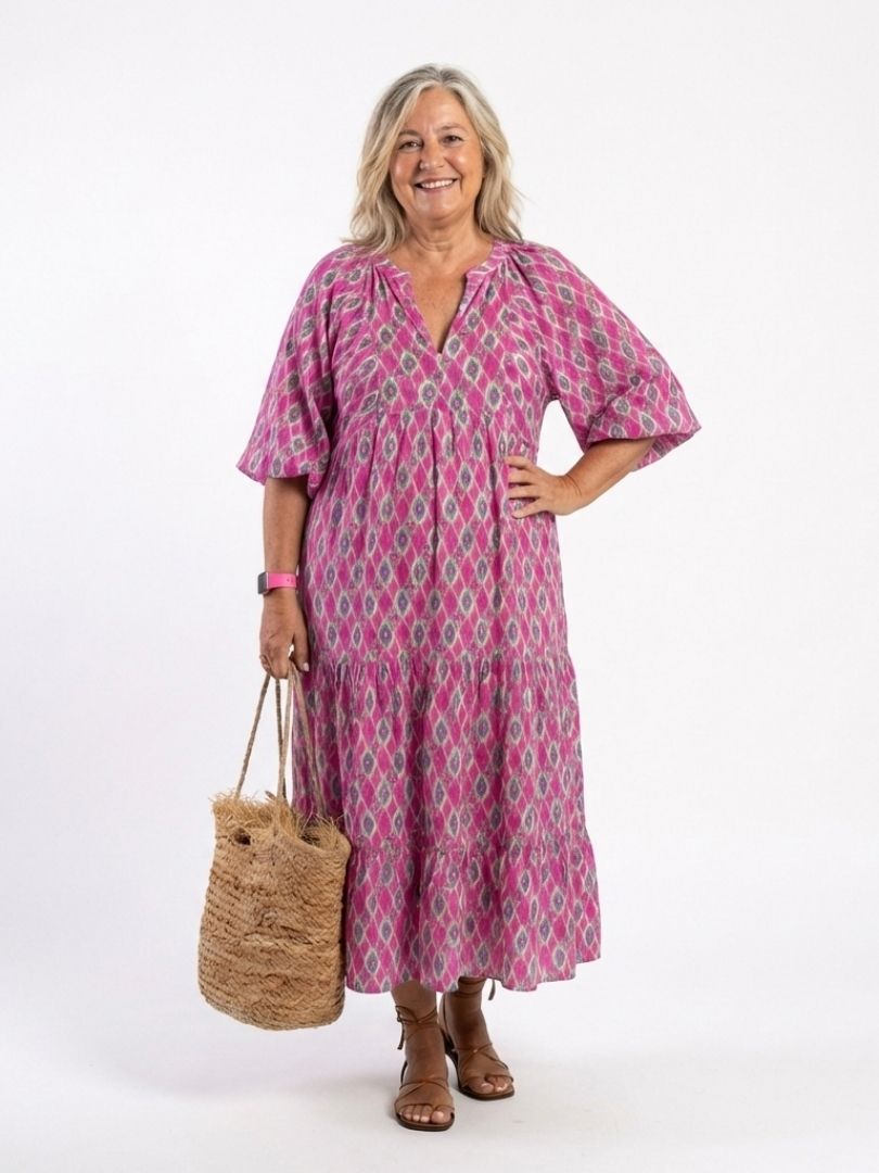 Apolline | Three-Quarter Sleeve V-Neck Printed Midi Dress