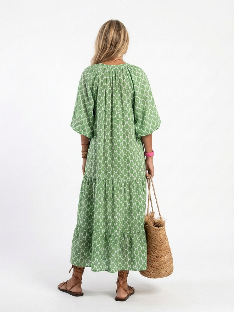Apolline | Three-Quarter Sleeve V-Neck Printed Midi Dress